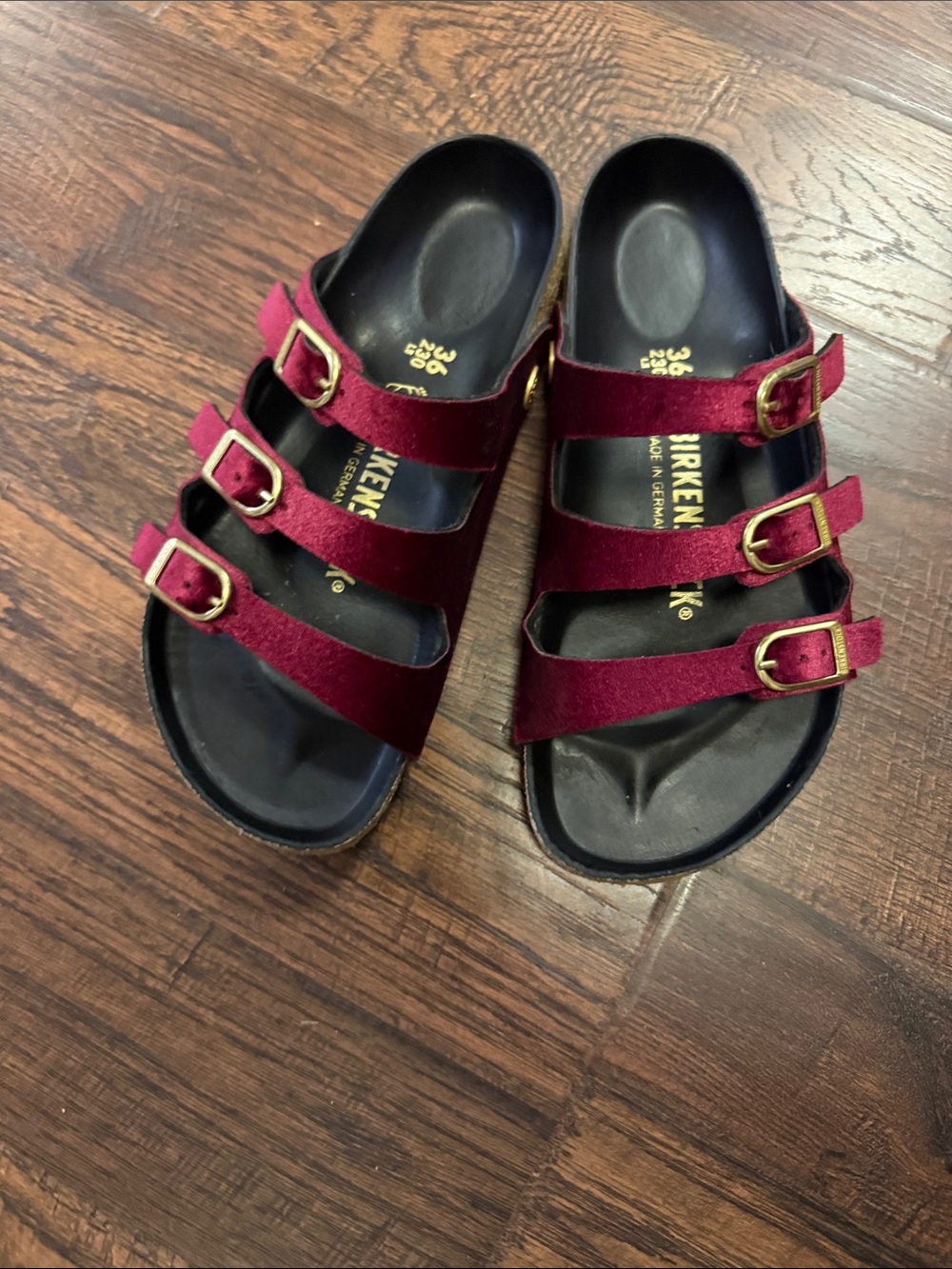 Birkenstock Florida Maroon Velvet Sandals - with Gold Buckles